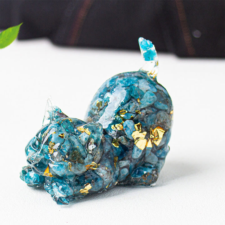 Buddha Stones Rekkende kat van hars met kristalgrind als meditatiedecoratie - Blauwe apatiet - 4,5*3*4,2 cm - image 48
