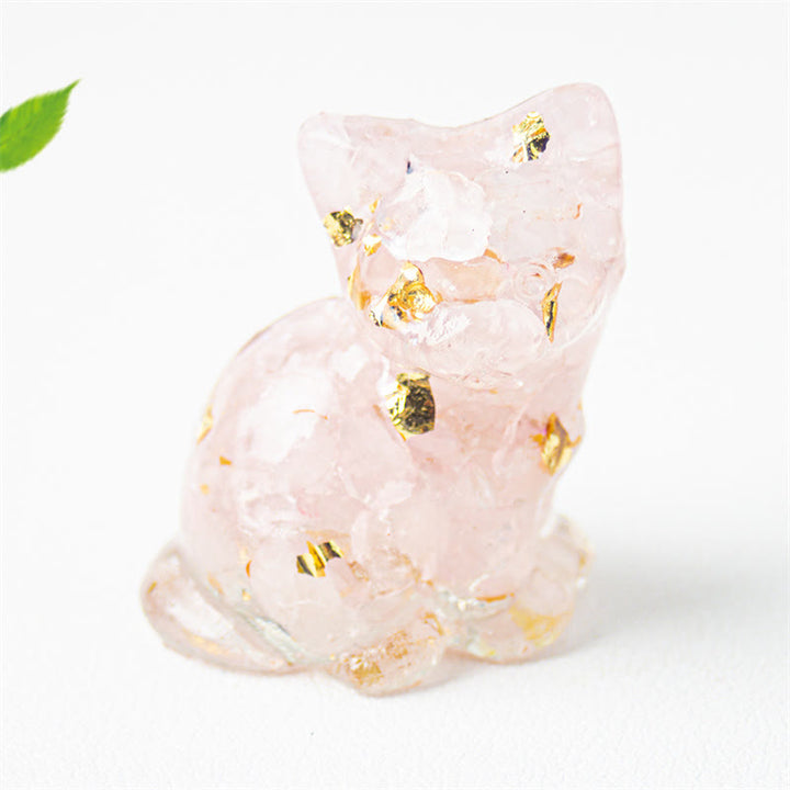 Buddha Stones Zittende kat van hars, grind, roze kristal, citrien, wit kristal, lapis lazuli, rustgevende bureaudecoratie - Roze kristal - Ongeveer 3,2*3,3*4 cm - image 1