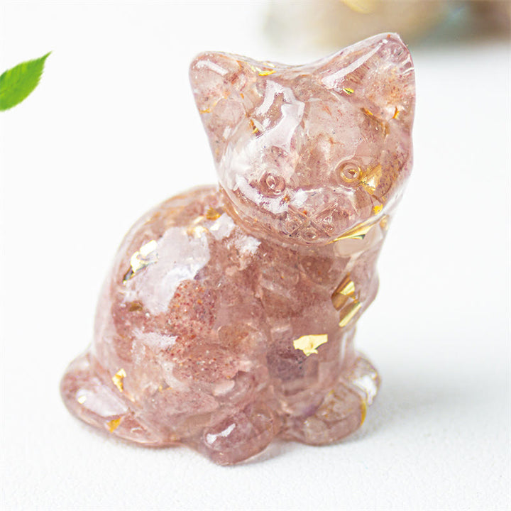 Buddha Stones Zittende kat van hars, grind, roze kristal, citrien, wit kristal, lapis lazuli, rustgevende bureaudecoratie - Aardbeikwarts - Ongeveer 3,2*3,3*4 cm - image 12