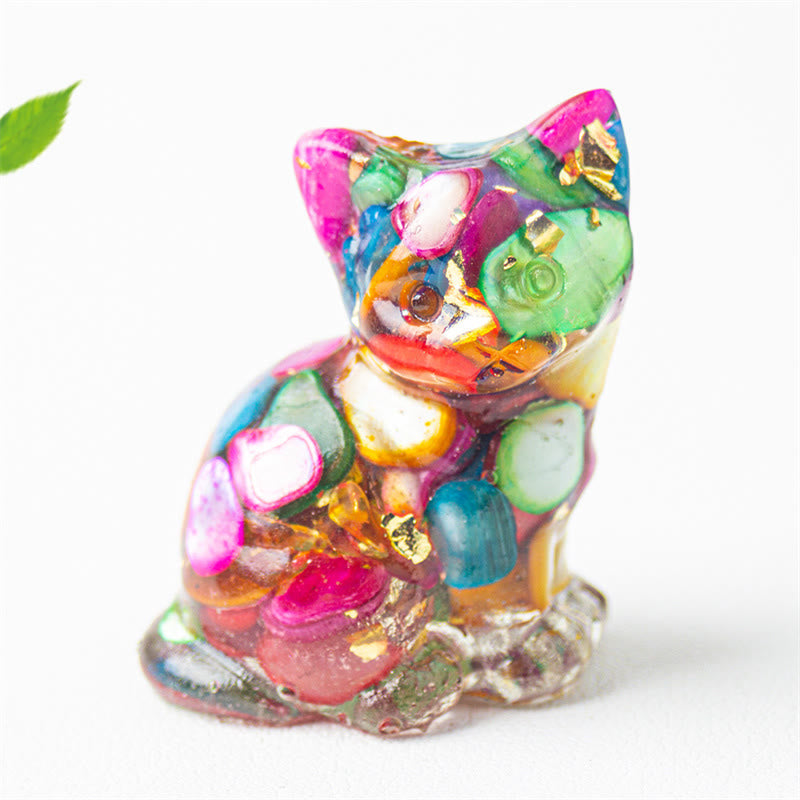 Buddha Stones Zittende kat van hars, grind, roze kristal, citrien, wit kristal, lapis lazuli, rustgevende bureaudecoratie - Kleurrijke schelp - Ongeveer 3,2*3,3*4 cm - image 11