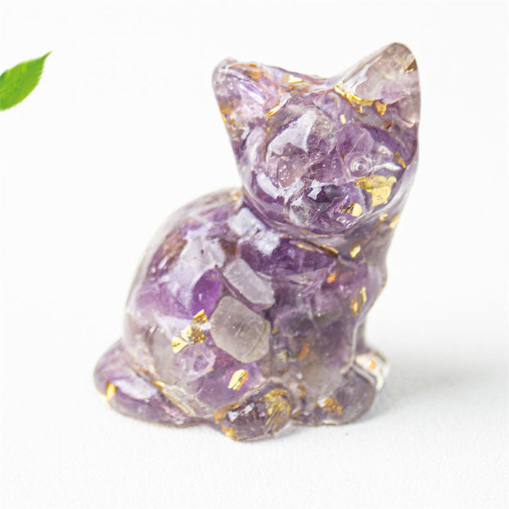 Buddha Stones Zittende kat van hars, grind, roze kristal, citrien, wit kristal, lapis lazuli, rustgevende bureaudecoratie - Amethist - Ongeveer 3,2*3,3*4 cm - image 16