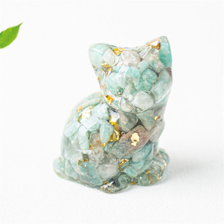 Buddha Stones Zittende kat van hars, grind, roze kristal, citrien, wit kristal, lapis lazuli, rustgevende bureaudecoratie - Amazoniet - Ongeveer 3,2*3,3*4 cm - image 20