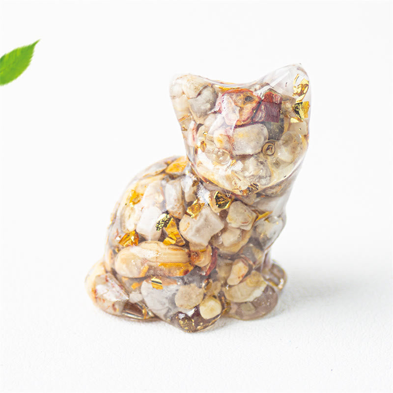 Buddha Stones Zittende kat van hars, grind, roze kristal, citrien, wit kristal, lapis lazuli, rustgevende bureaudecoratie - Gekke agaat - Ongeveer 3,2*3,3*4 cm - image 33