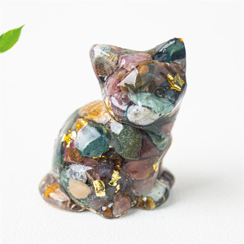 Buddha Stones Zittende kat van hars, grind, roze kristal, citrien, wit kristal, lapis lazuli, rustgevende bureaudecoratie - Zee-sediment-jaspis - Ongeveer 3,2*3,3*4 cm - image 34
