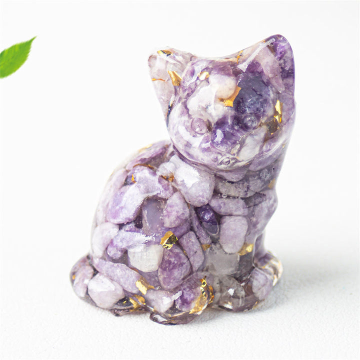 Buddha Stones Zittende kat van hars, grind, roze kristal, citrien, wit kristal, lapis lazuli, rustgevende bureaudecoratie - Lepidoliet - Ongeveer 3,2*3,3*4 cm - image 39