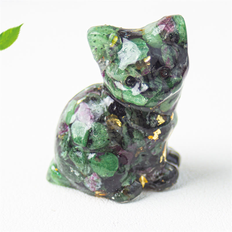 Buddha Stones Zittende kat van hars, grind, roze kristal, citrien, wit kristal, lapis lazuli, rustgevende bureaudecoratie - Robijnzoïet - Ongeveer 3,2*3,3*4 cm - image 41