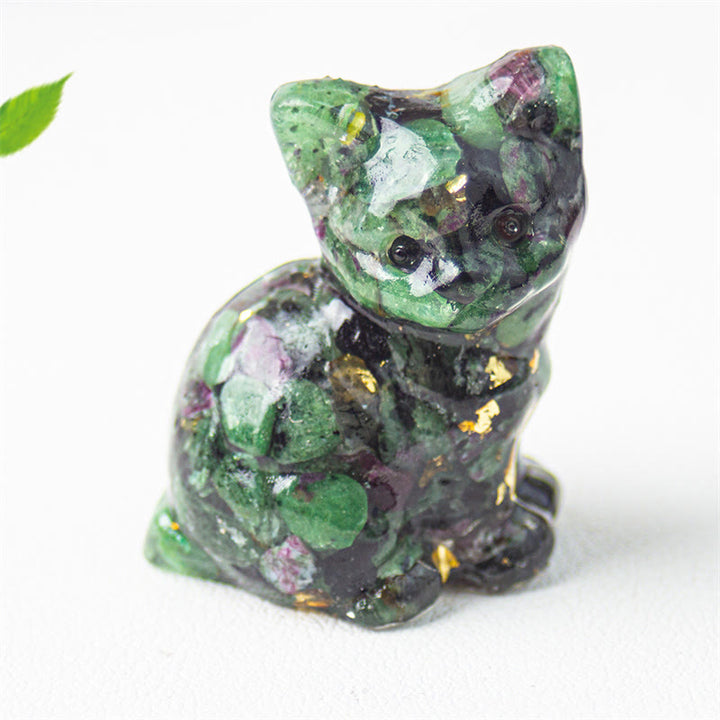 Buddha Stones Zittende kat van hars, grind, roze kristal, citrien, wit kristal, lapis lazuli, rustgevende bureaudecoratie - Robijnzoïet - Ongeveer 3,2*3,3*4 cm - image 41