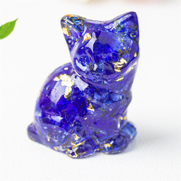 Buddha Stones Zittende kat van hars, grind, roze kristal, citrien, wit kristal, lapis lazuli, rustgevende bureaudecoratie - Blauw glas - Ongeveer 3,2*3,3*4 cm - image 46