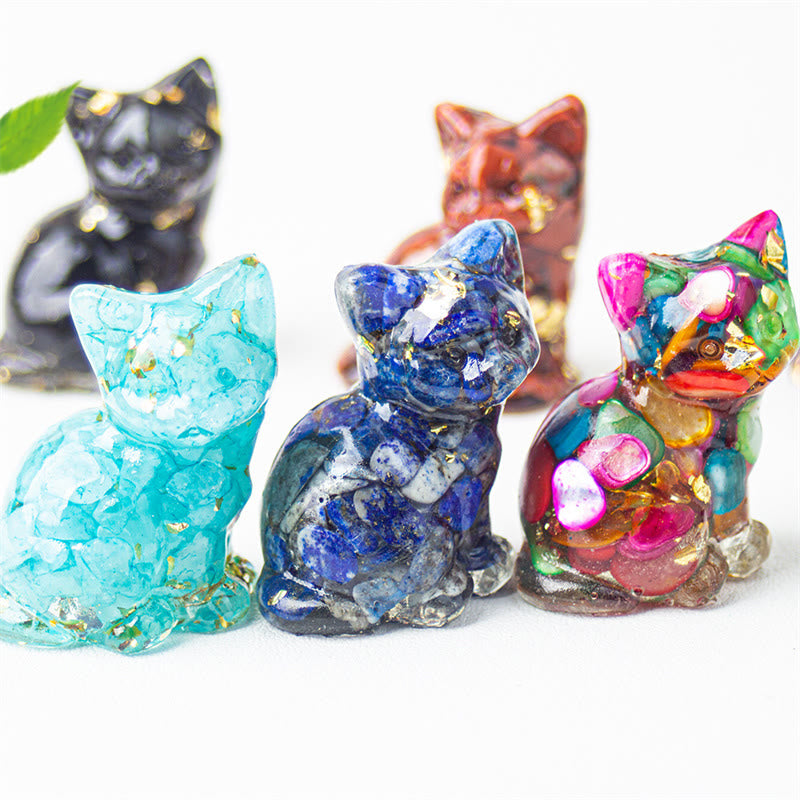 Buddha Stones Zittende kat van hars, grind, roze kristal, citrien, wit kristal, lapis lazuli, rustgevende bureaudecoratie - image 0