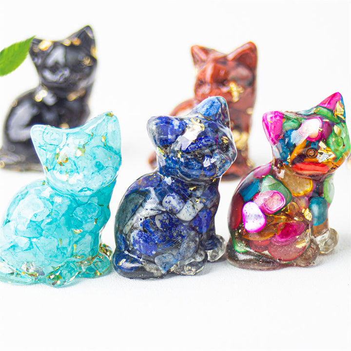 Buddha Stones Zittende kat van hars, grind, roze kristal, citrien, wit kristal, lapis lazuli, rustgevende bureaudecoratie - image 0