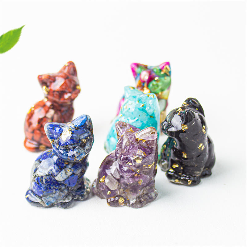 Buddha Stones Zittende kat van hars, grind, roze kristal, citrien, wit kristal, lapis lazuli, rustgevende bureaudecoratie - image 48
