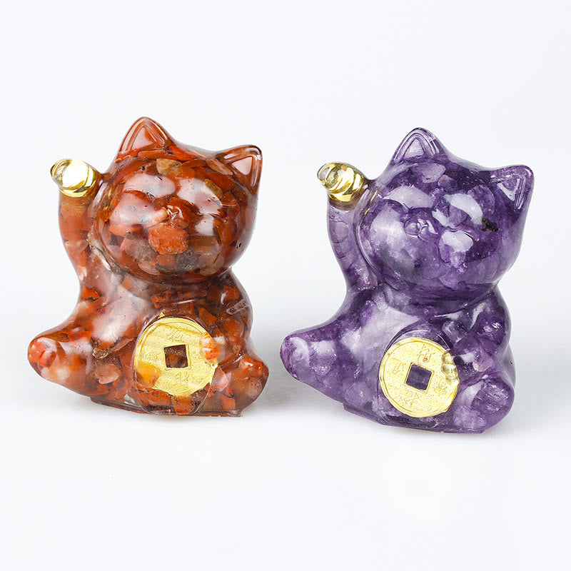 Buddha Stones Gelukskat koperen munt turkoois labradoriet roze kristal amethist kracht huisdecoratie - image 0