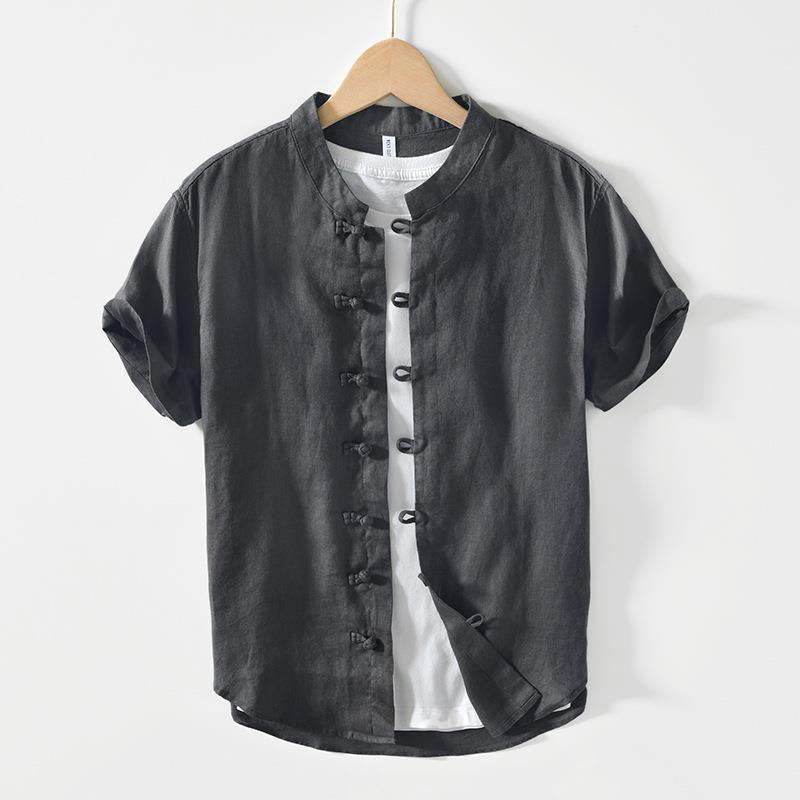 Buddha Stones Dagelijks linnen Korte mouw en kikkerknopen - Donkergrijs - US/UK/AU42, EU52 (3XL) - image 0