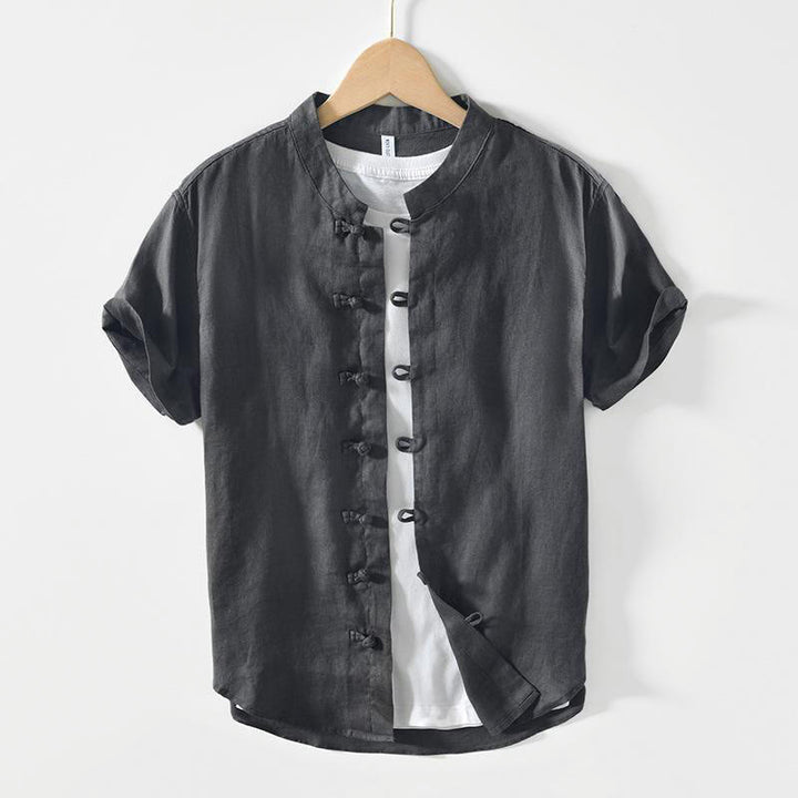 Buddha Stones Dagelijks linnen Korte mouw en kikkerknopen - Donkergrijs - US/UK/AU42, EU52 (3XL) - image 0