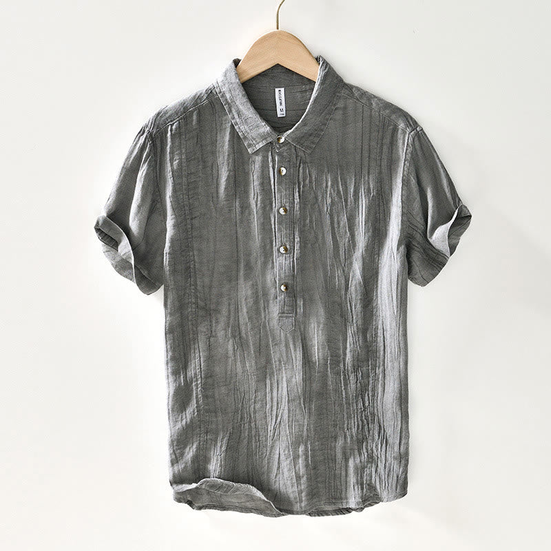 Buddha Stones Casual Reverskraag met effen revers, gemaakt van ramie linnen en halfgesloten knopen. - Licht leigrijs - US/UK/AU44, EU54 (4XL) - image 7