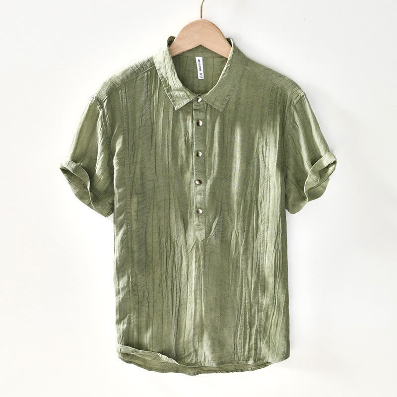 Buddha Stones Casual Reverskraag met effen revers, gemaakt van ramie linnen en halfgesloten knopen. - Geelgroen - US/UK/AU44, EU54 (4XL) - image 19