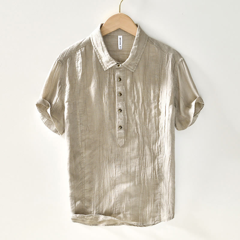 Buddha Stones Casual Reverskraag met effen revers, gemaakt van ramie linnen en halfgesloten knopen. - Lichtgoudenroede - US/UK/AU44, EU54 (4XL) - image 0