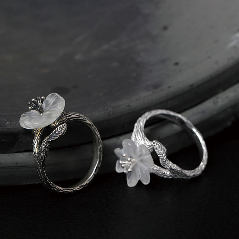 Buddha Stones Verstelbare helende Ring met skeletbloem van 925 sterling zilver en wit kristal. - image 11