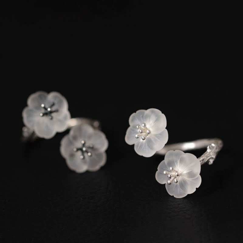 Buddha Stones Verstelbare Ring van 925 sterling zilver met dubbele pruimenbloesem en witte kristallen. - image 1