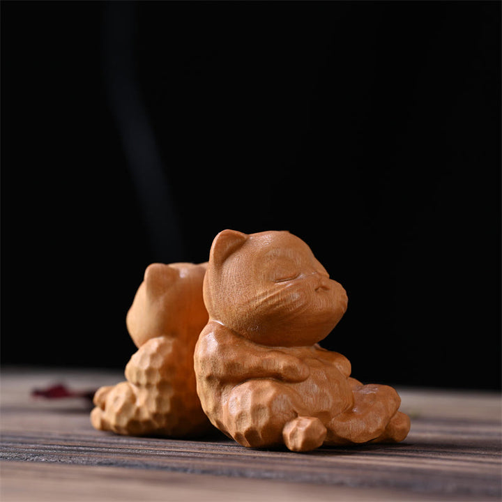Buddha Stones Mini schattige zittende kat van sandelhout voor huisdecoratie - image 5