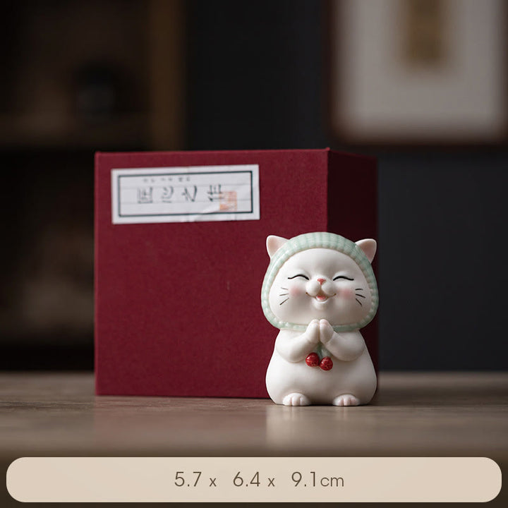 Buddha Stones Gelukbrengende schattige kat met sjaal, keramische beeldje als decoratie - Kat (Cadeauverpakking) - image 19