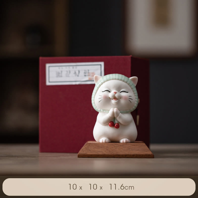 Buddha Stones Gelukbrengende schattige kat met sjaal, keramische beeldje als decoratie - Kat + houten voet (cadeauverpakking) - image 22
