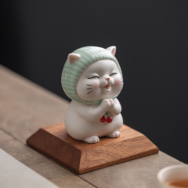 Buddha Stones Gelukbrengende schattige kat met sjaal, keramische beeldje als decoratie - image 16