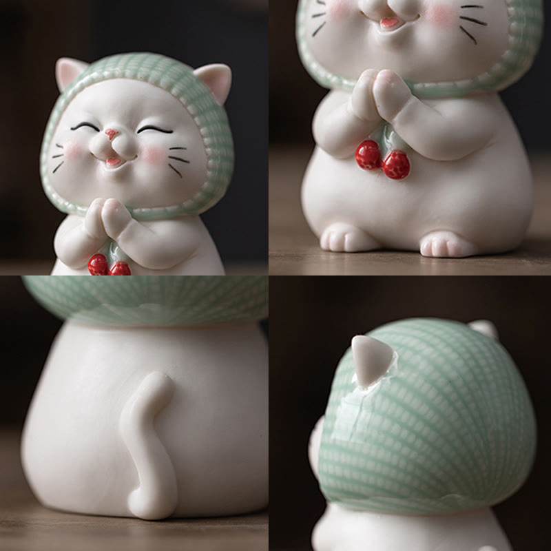 Buddha Stones Gelukbrengende schattige kat met sjaal, keramische beeldje als decoratie - image 5