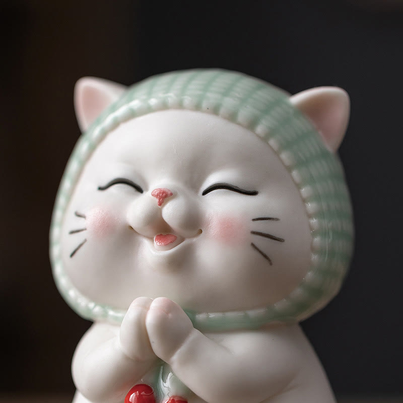 Buddha Stones Gelukbrengende schattige kat met sjaal, keramische beeldje als decoratie - image 11
