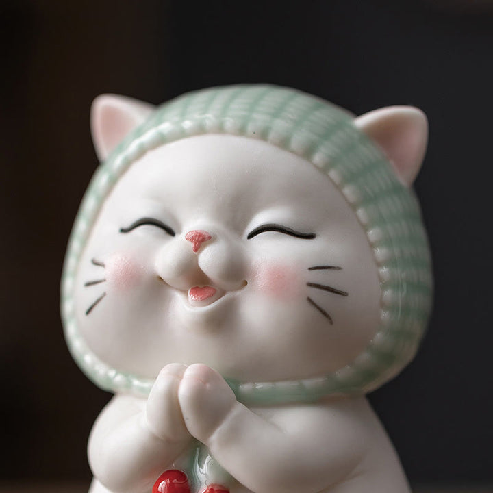 Buddha Stones Gelukbrengende schattige kat met sjaal, keramische beeldje als decoratie - image 11