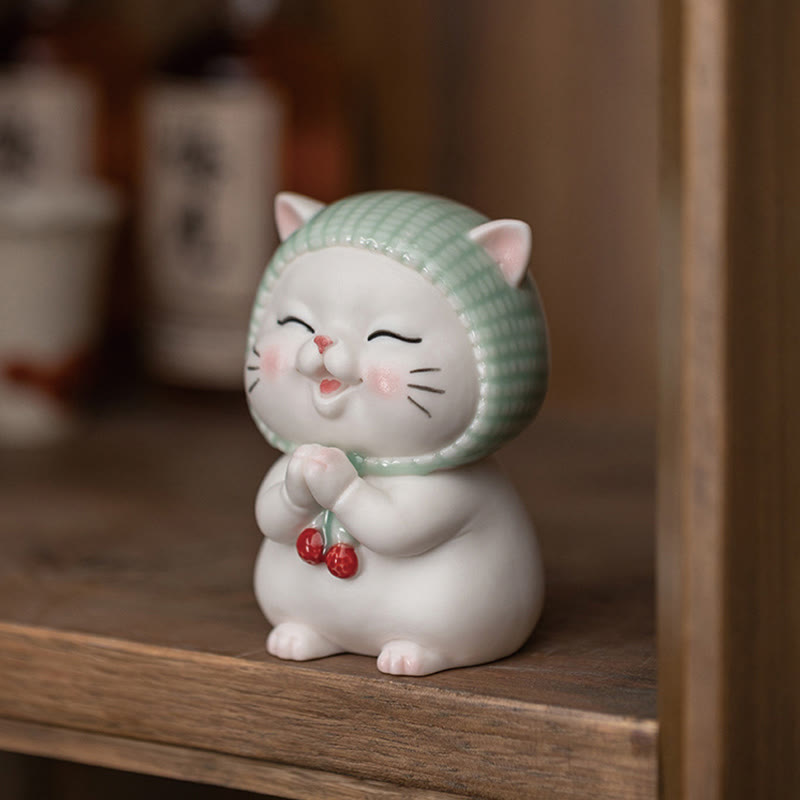 Buddha Stones Gelukbrengende schattige kat met sjaal, keramische beeldje als decoratie - image 3