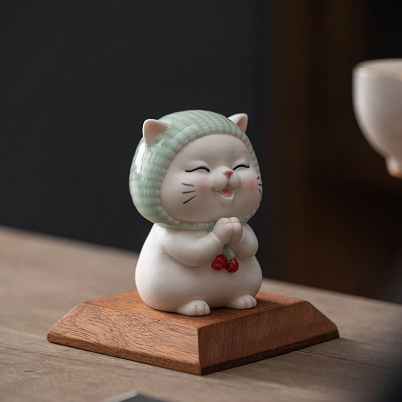 Buddha Stones Gelukbrengende schattige kat met sjaal, keramische beeldje als decoratie - image 13