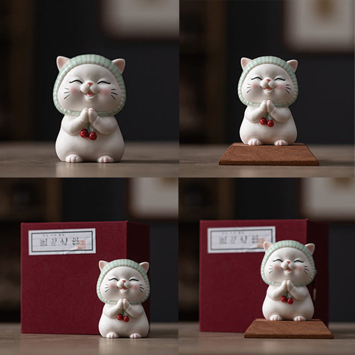 Buddha Stones Gelukbrengende schattige kat met sjaal, keramische beeldje als decoratie - image 23