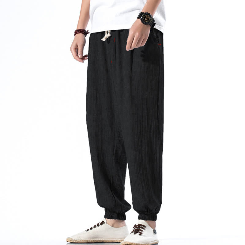 Buddha Stones Casual effen linnen herenbroek met Zakken - Zwart - US/UK/AU46, EU56 (5XL) - image 9