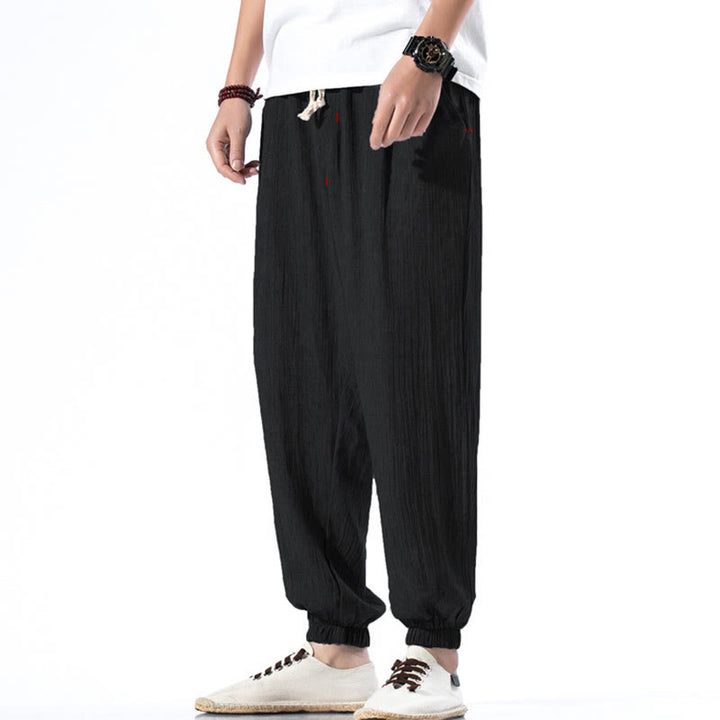 Buddha Stones Casual effen linnen herenbroek met Zakken - Zwart - US/UK/AU46, EU56 (5XL) - image 9