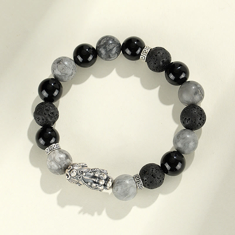 Buddha Stones 999 Sterling Zilveren PiXiu Armband met Zwarte Onyx, Grijze Jaspis en Lavasteen - image 1