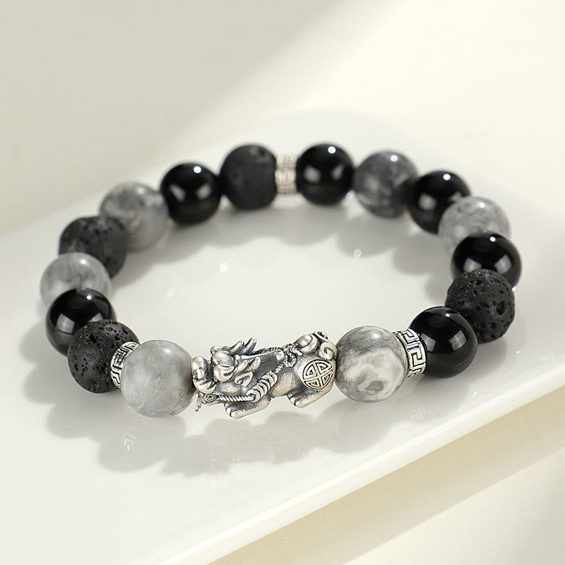 Buddha Stones 999 Sterling Zilveren PiXiu Armband met Zwarte Onyx, Grijze Jaspis en Lavasteen - Zwarte onyx, grijze jaspis en lavasteen (Polsomtrek: 14-15 cm) - image 0