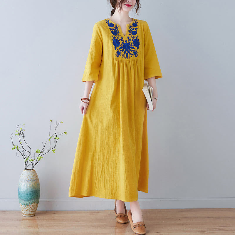 Buddha Stones Casual Boheemse Maxi jurk van katoen en linnen met geborduurde bloemen en een eenvoudig ontwerp, Mouwlengte en V-hals. - Goud - US8-10，UK/AU12-14，EU40-42 (2XL) - image 0