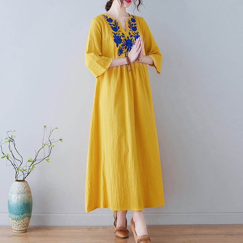 Buddha Stones Casual Boheemse Maxi jurk van katoen en linnen met geborduurde bloemen en een eenvoudig ontwerp, Mouwlengte en V-hals. - image 1