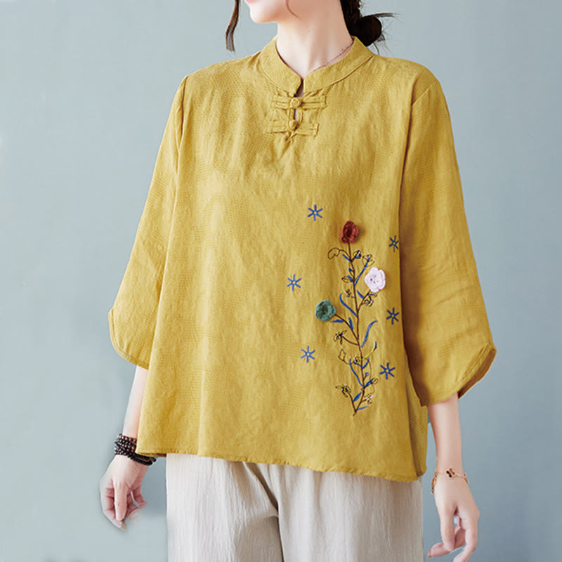 Buddha Stones Vintage zomerse katoenen linnen damesblouse met stereoscopische bloemenborduursels, Mouwlengte en kikkerknopen. - image 1