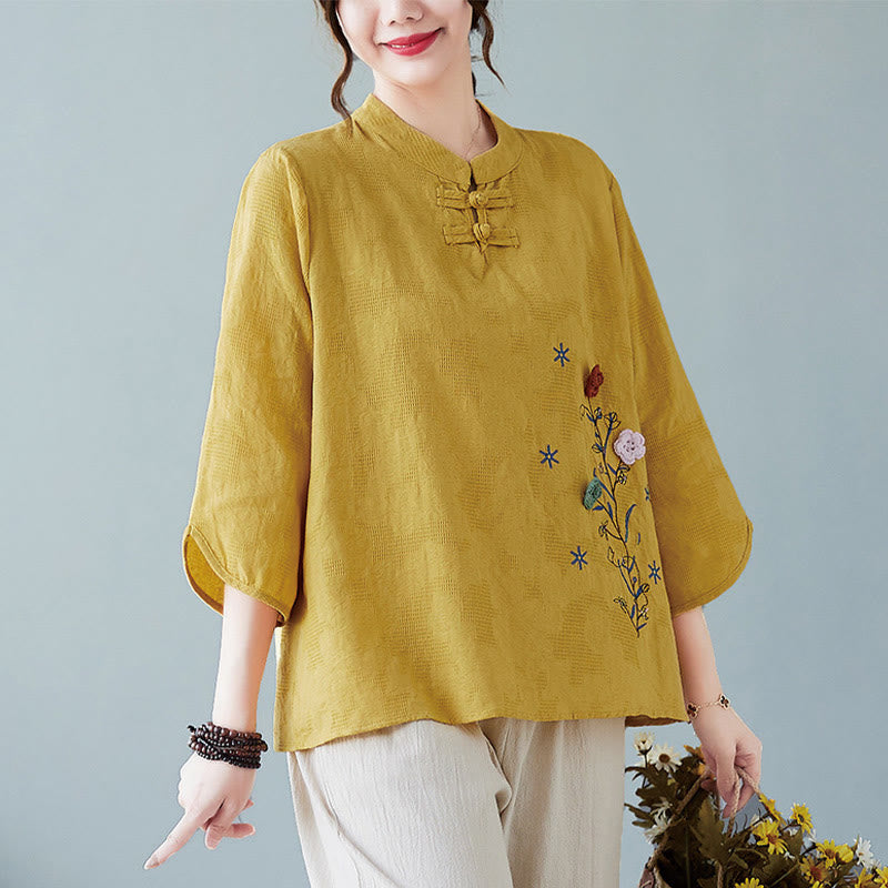 Buddha Stones Vintage zomerse katoenen linnen damesblouse met stereoscopische bloemenborduursels, Mouwlengte en kikkerknopen. - Guldenroede - US12, UK/AU16, EU44 (3XL) - image 0
