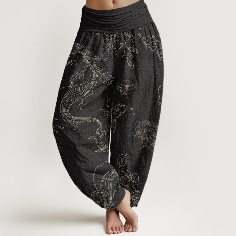 Buddha Stones Dames harembroek met elastische Taille en koi-vis bloemenpatroon - Zwart - US22, UK/AU26, EU54 (6XL) - image 0
