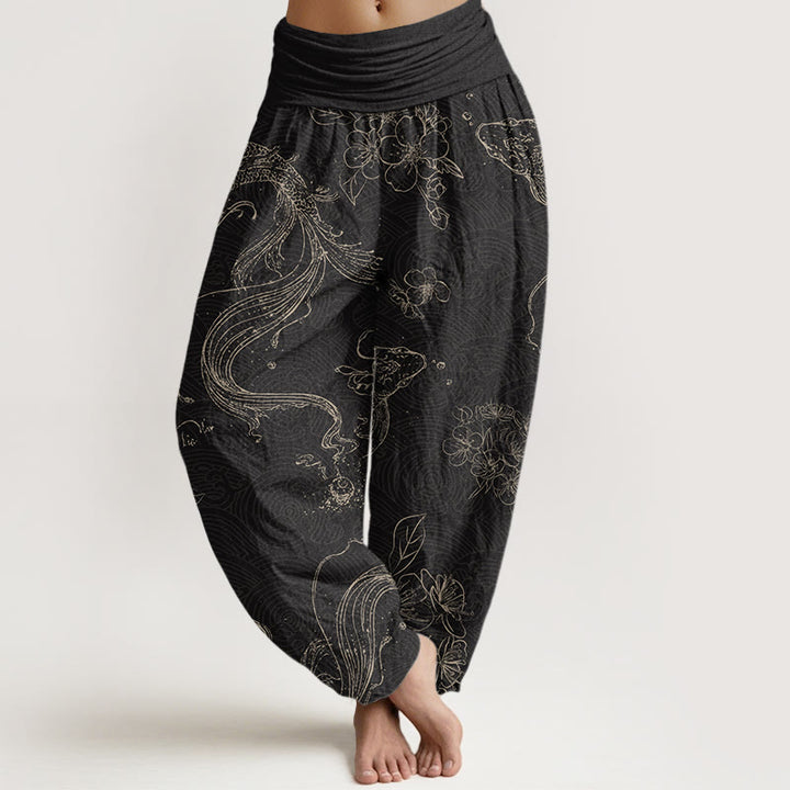 Buddha Stones Dames harembroek met elastische Taille en koi-vis bloemenpatroon - Zwart - US22, UK/AU26, EU54 (6XL) - image 0