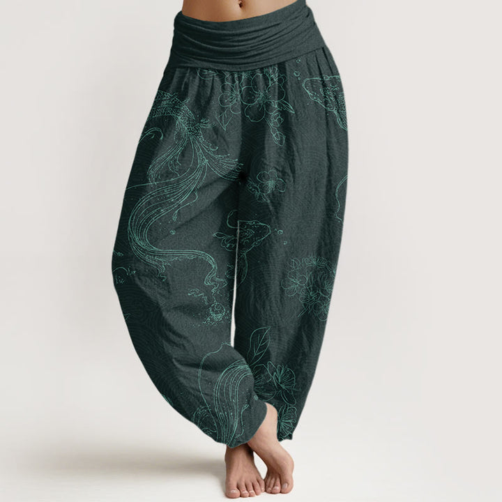 Buddha Stones Dames harembroek met elastische Taille en koi-vis bloemenpatroon - Donkerblauw - US22, UK/AU26, EU54 (6XL) - image 5