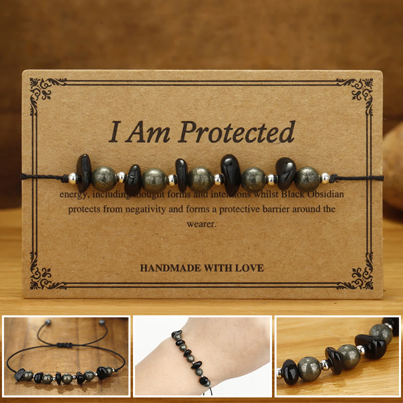 Buddha Stones Ik ben beschermd. IJzerpyriet Zwarte Obsidiaan Armband - Ik ben beschermd (Polsomtrek 14-24 cm) - image 0