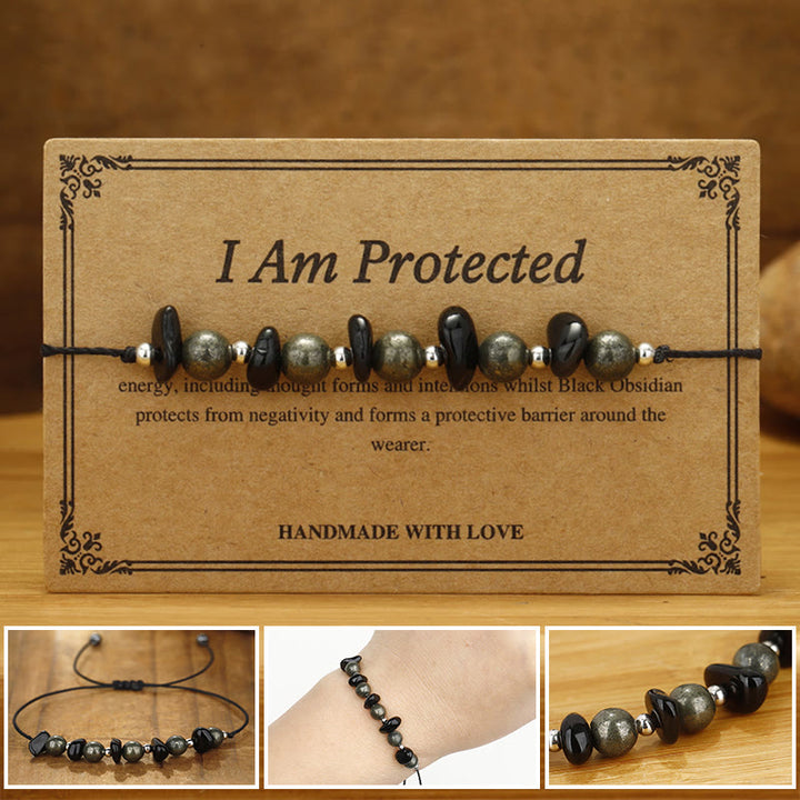 Buddha Stones Ik ben beschermd. IJzerpyriet Zwarte Obsidiaan Armband - Ik ben beschermd (Polsomtrek 14-24 cm) - image 0