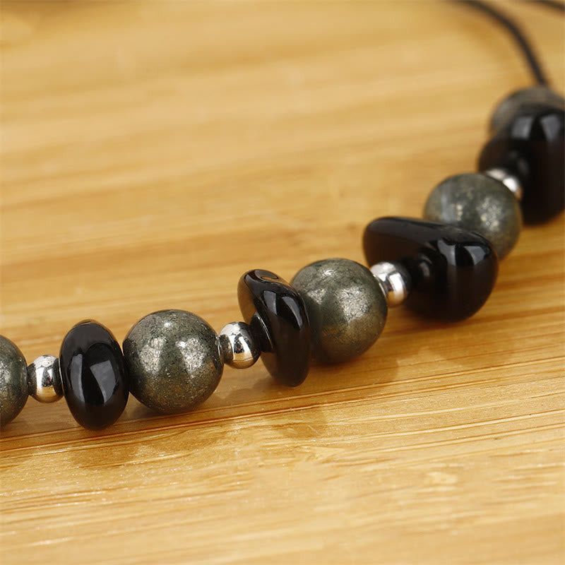 Buddha Stones Ik ben beschermd. IJzerpyriet Zwarte Obsidiaan Armband - image 9