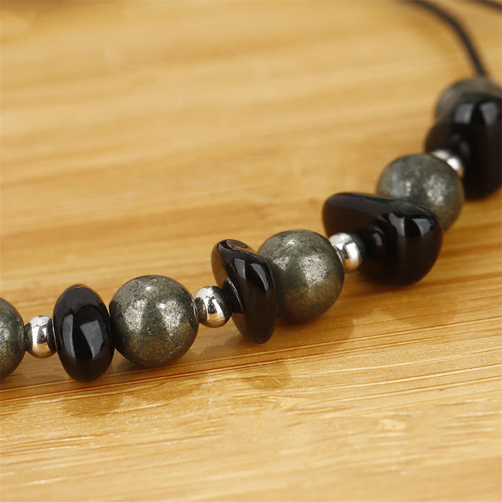 Buddha Stones Ik ben beschermd. IJzerpyriet Zwarte Obsidiaan Armband - image 9