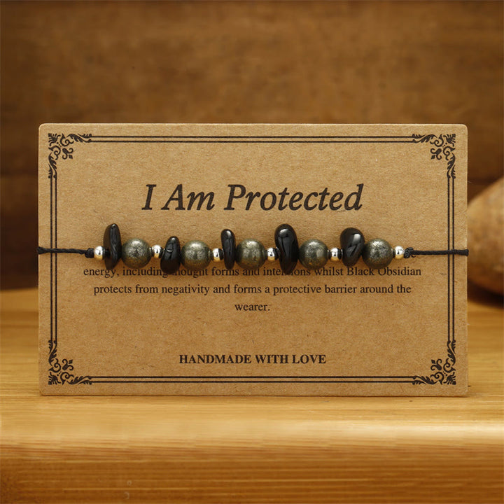 Buddha Stones Ik ben beschermd. IJzerpyriet Zwarte Obsidiaan Armband - image 1
