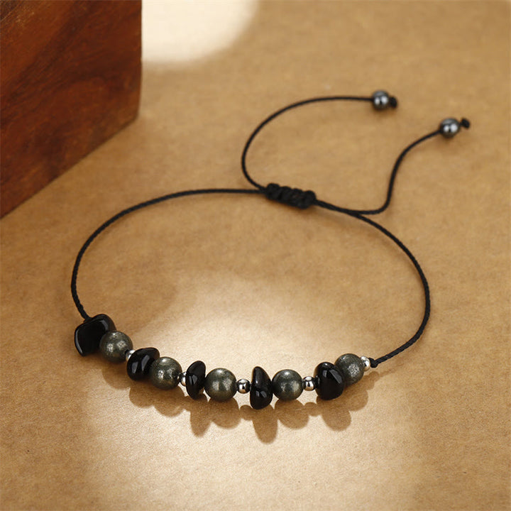 Buddha Stones Ik ben beschermd. IJzerpyriet Zwarte Obsidiaan Armband - image 8